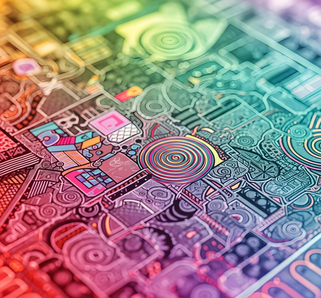 A vibrant, abstract artwork featuring intricate geometric shapes, colourful patterns, and swirling designs, blending shades of pink, blue, green, and yellow in a complex, futuristic, circuit-like arrangement.